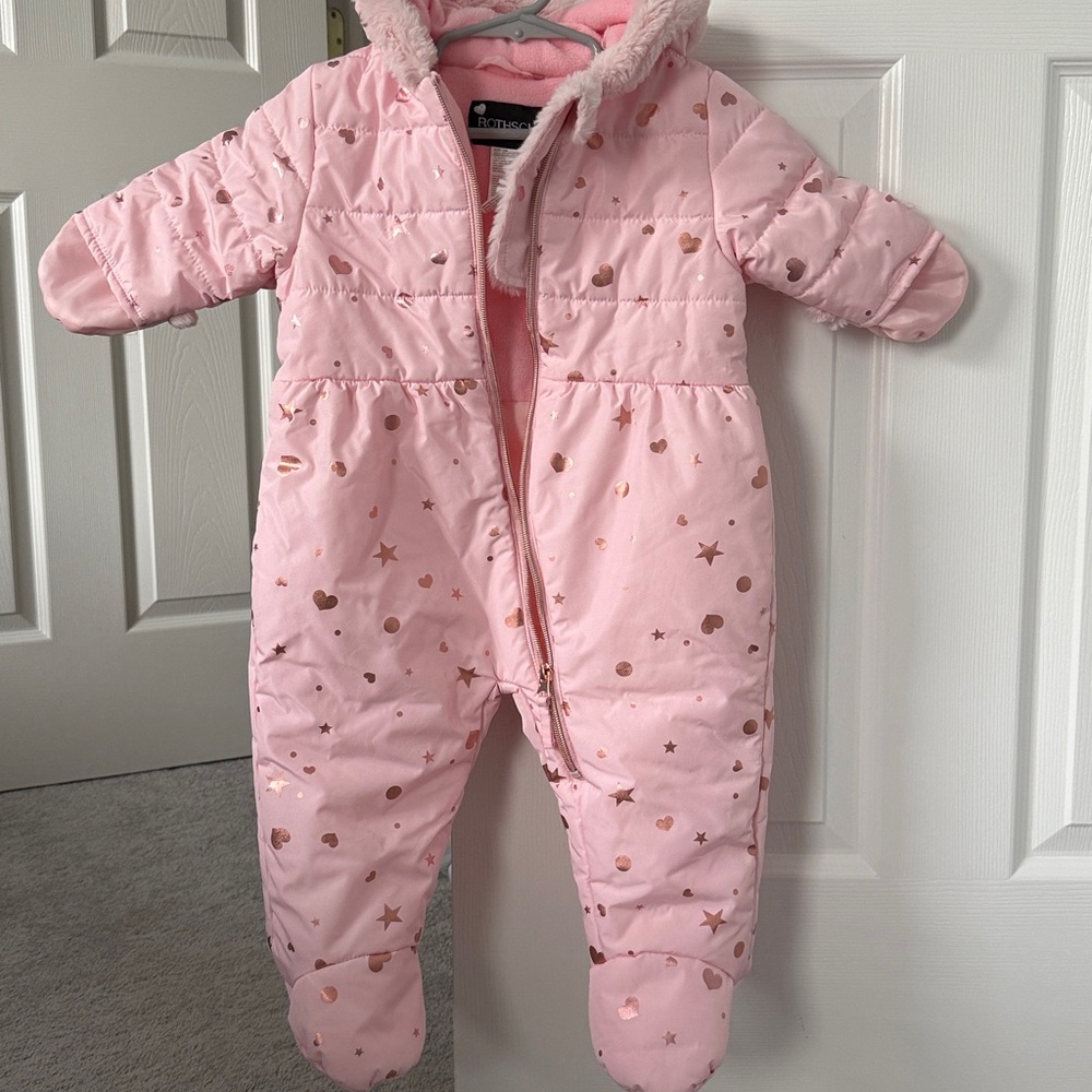 Rothschild Pink Baby Snowsuit with Gold Accents